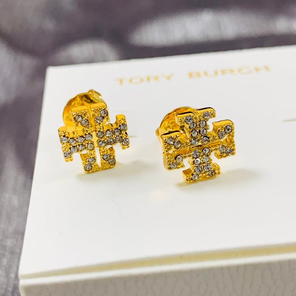 Tory Burch Earrings Kira Pave Crystal Logo Stud Earrings with Dust Bag